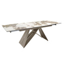 Mesa comedor extensible rectangular mármol porcelánico y acero color champagne
