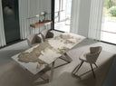 Mesa comedor extensible rectangular mármol porcelánico y acero color champagne