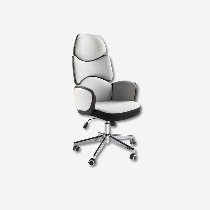 Silla oficina giratoria tela gris claro y pvc blanco brillo