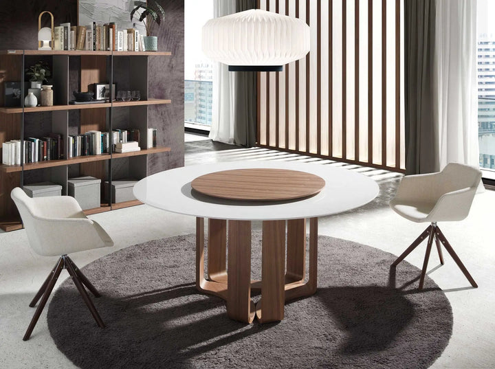 Ronde eettafel in porselein, marmer en notenhout