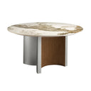 Ronde eettafel in porseleinmarmer, notenhout en zilverhout