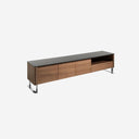 Mueble TV nogal, acero cromado y tapa de cristal negro