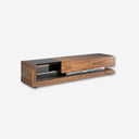 Mueble TV nogal, acero pulido y tapa de cristal negro