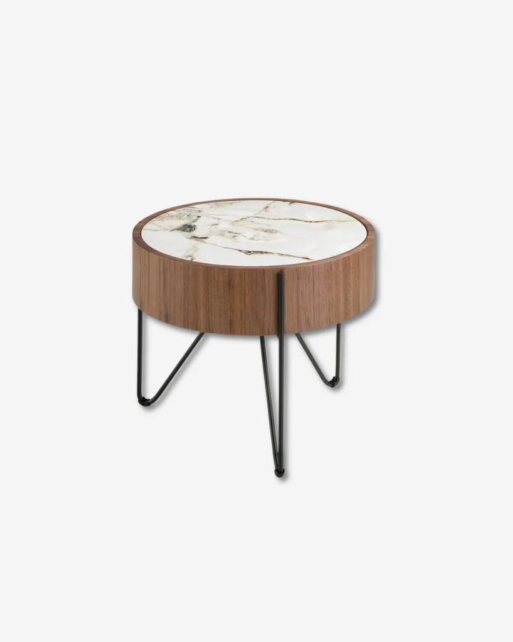 Ronde hoektafel in porselein marmer, notenhout en zwart staal