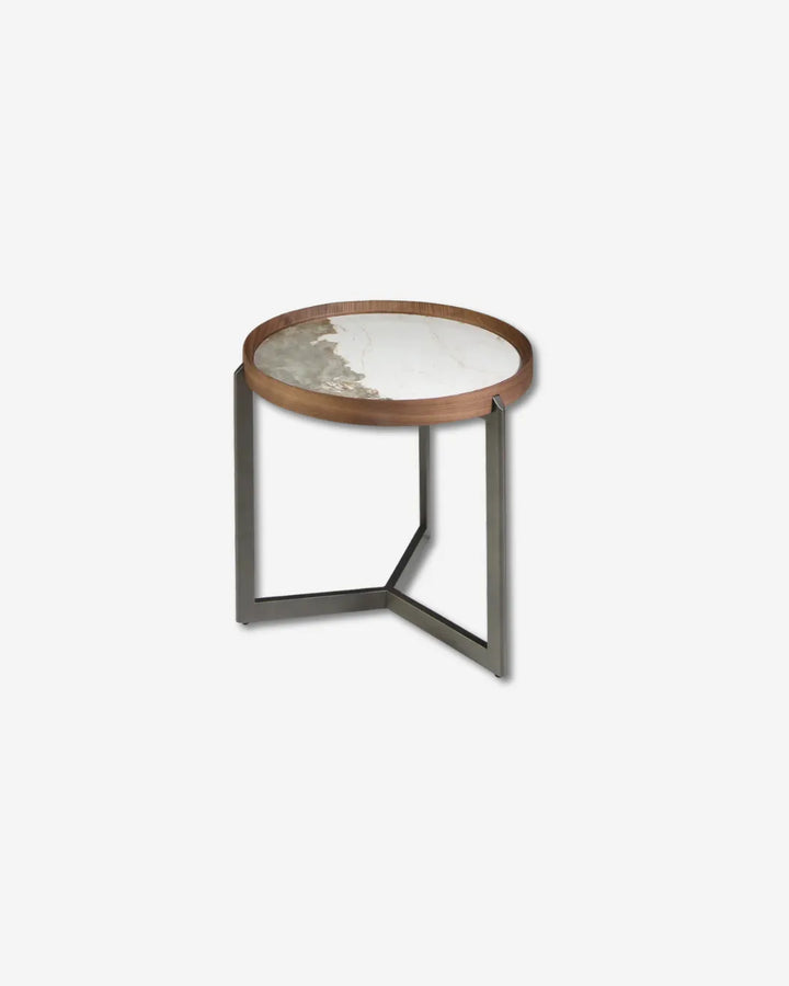Ronde hoektafel in porselein marmer, notenhout en nertsenstaal