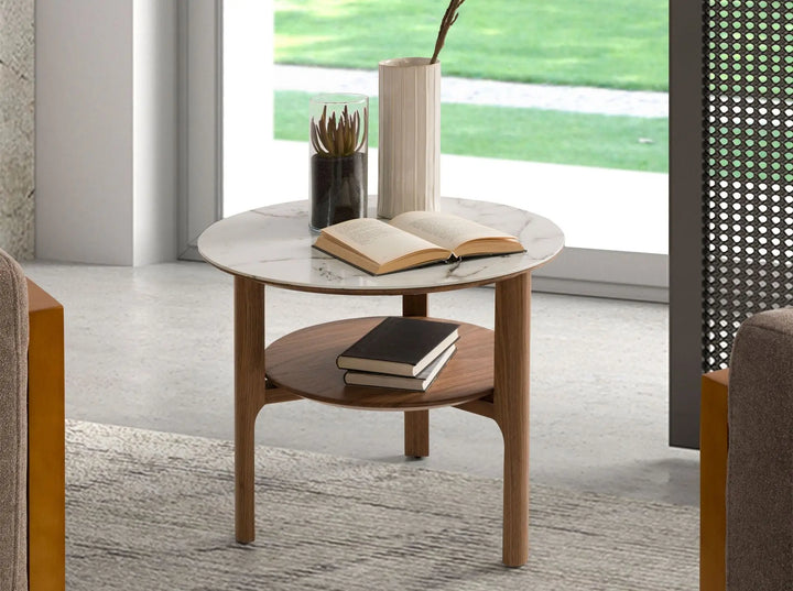 Ronde hoektafel in porselein, marmer en notenhout