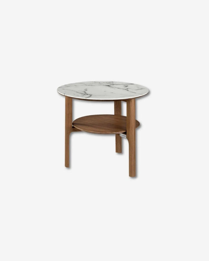 Ronde hoektafel in porselein, marmer en notenhout