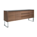 Walnut sideboard, chrome-plated steel and black glass top
