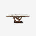 Extendable oval barrel dining table in porcelain marble and walnut