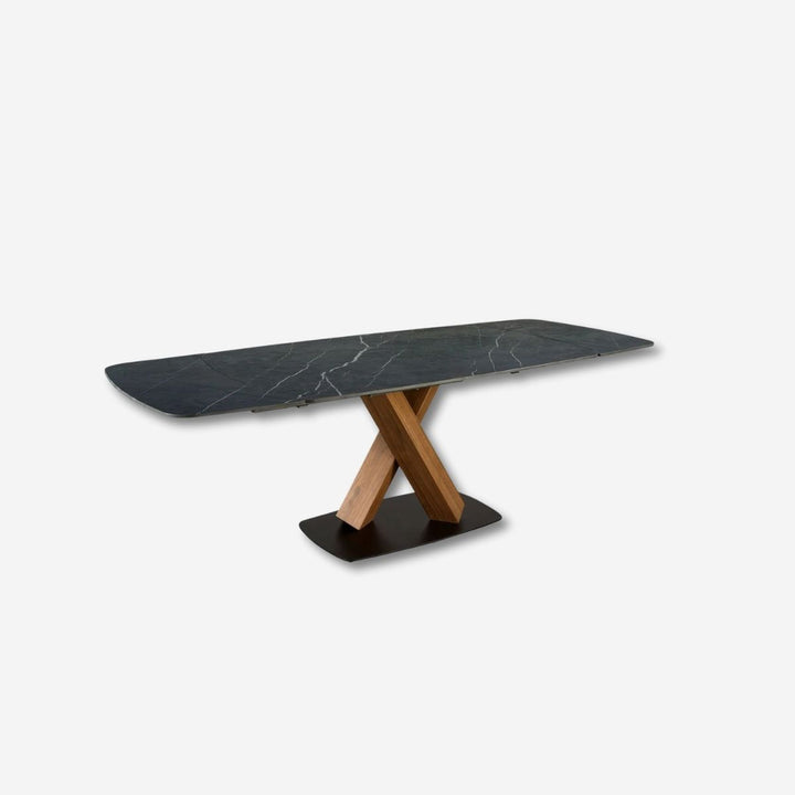 Mesa comedor extensible ovalada barril mármol porcelánico y nogal