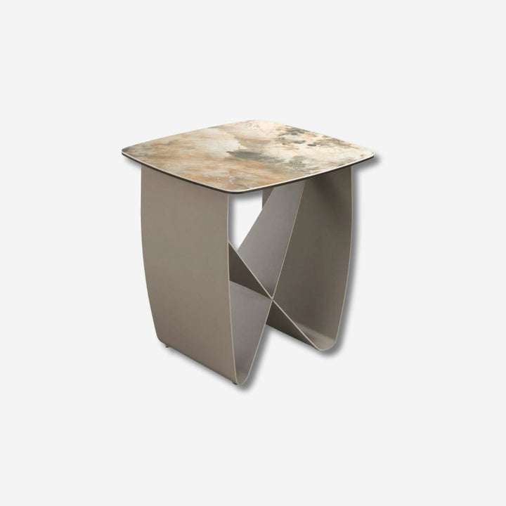 Vierkante hoektafel in porseleinmarmer en metallic taupe staal