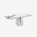 Mesa comedor ovalada barril mármol porcelánico y acero blanco