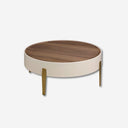 Mesa centro redonda nogal, madera beige y acero pulido dorado