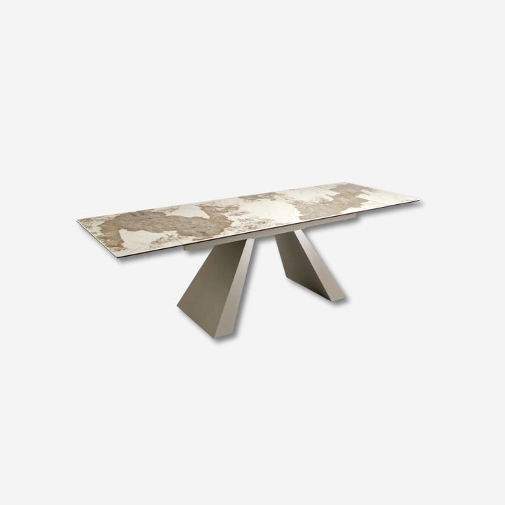 Mesa comedor extensible rectangular mármol porcelánico y acero color champagne
