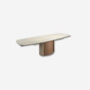 Extendable rectangular dining table in porcelain marble, metallic sand steel, and walnut