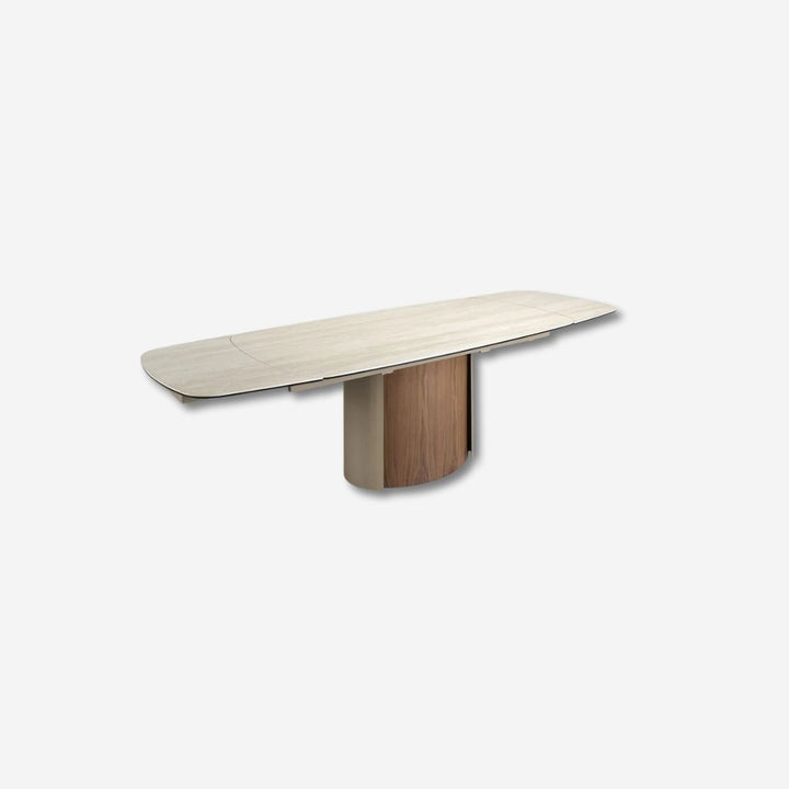 Uitschuifbare rechthoekige eettafel in porseleinmarmer, metaalzandstaal en walnoot