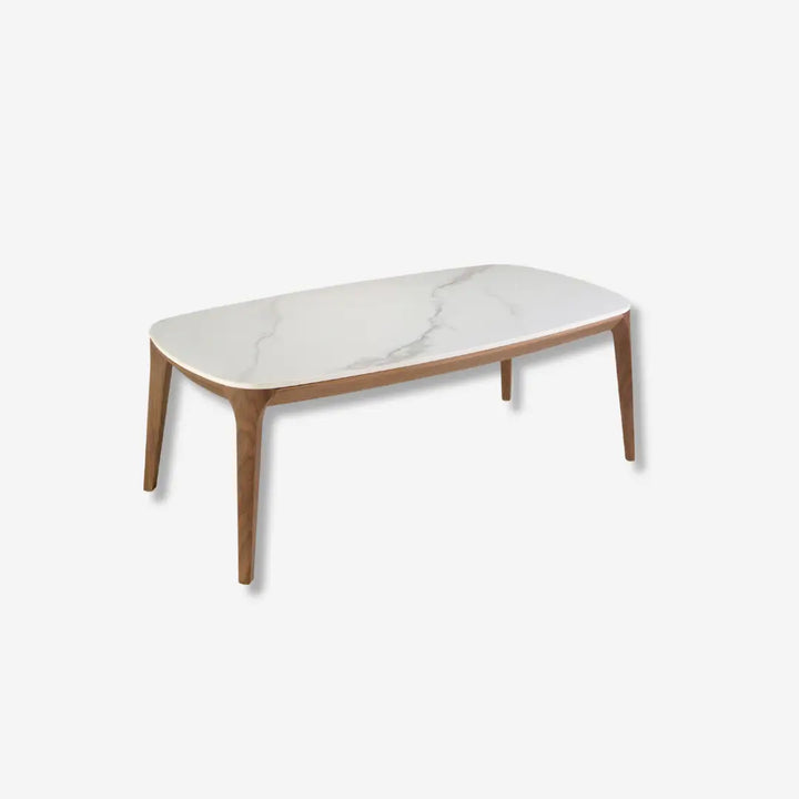 Mesa centro ovalada barril mármol porcelánico y nogal