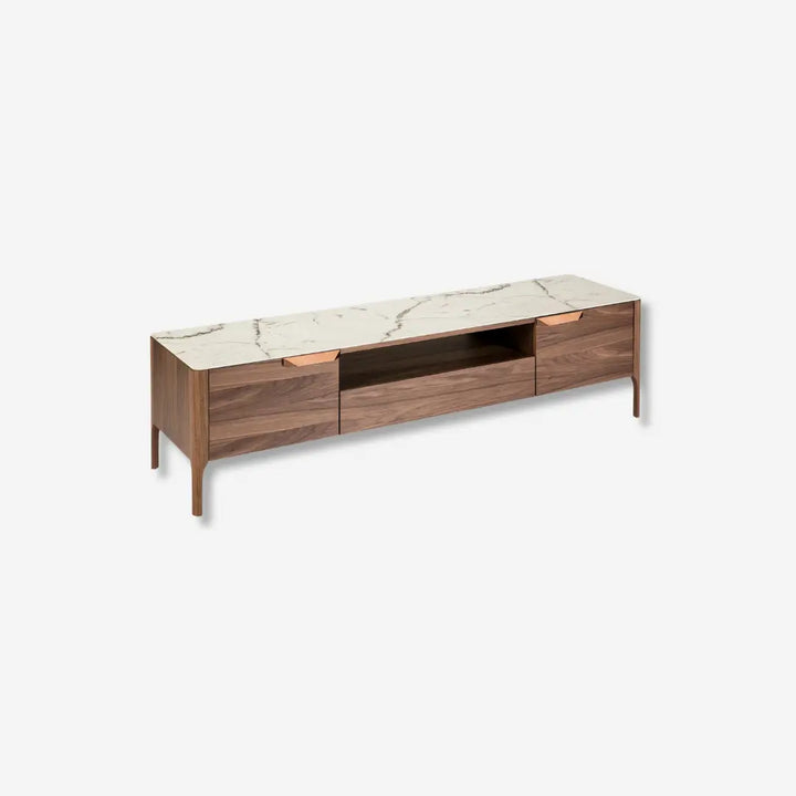 Mueble TV nogal con tapa de cristal imitación mármol