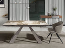 Mesa comedor extensible rectangular mármol porcelánico y acero color champagne