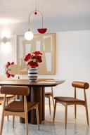 mesa de comedor de madera redonda pata cilindrica