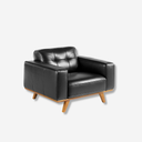 sillón moderno en piel negra con base y patas de madera, respaldo acolchado con capitoné