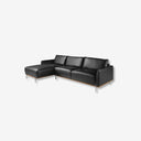 sofá tipo chaise lounge color negro, diseño elegante con estructura metálica y acabado de lujo