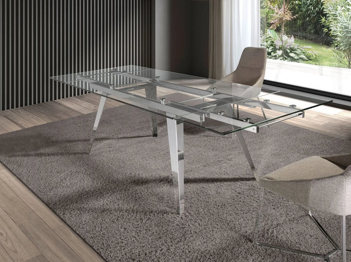 Mesa comedor extensible rectangular cristal templado y acero cromado