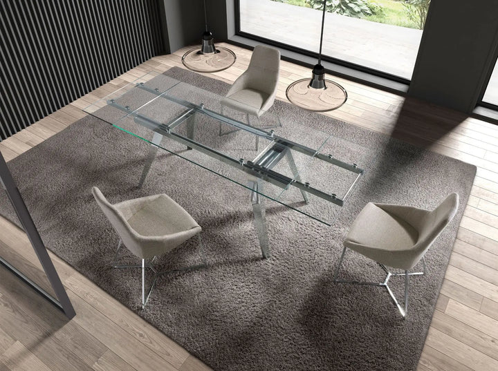 Mesa comedor extensible rectangular cristal templado y acero cromado