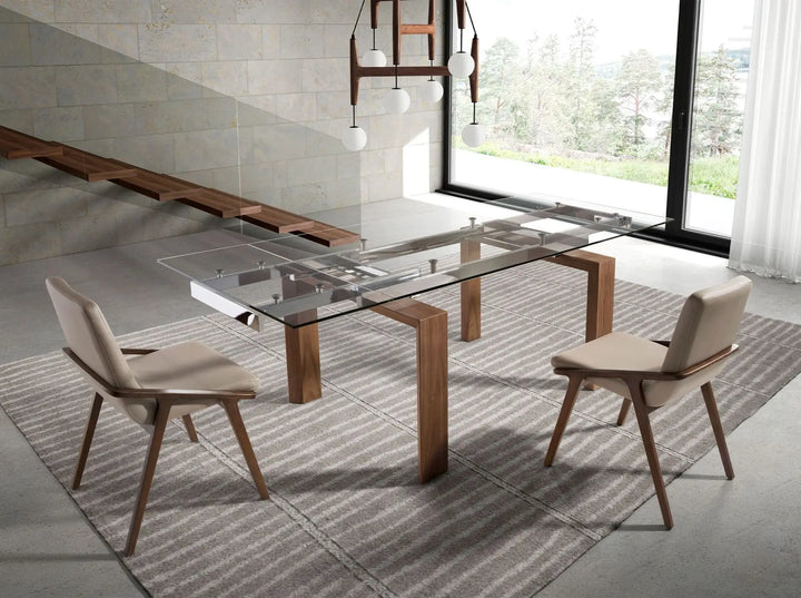 Mesa comedor extensible rectangular cristal templado y nogal en ambiente decorado (2)
