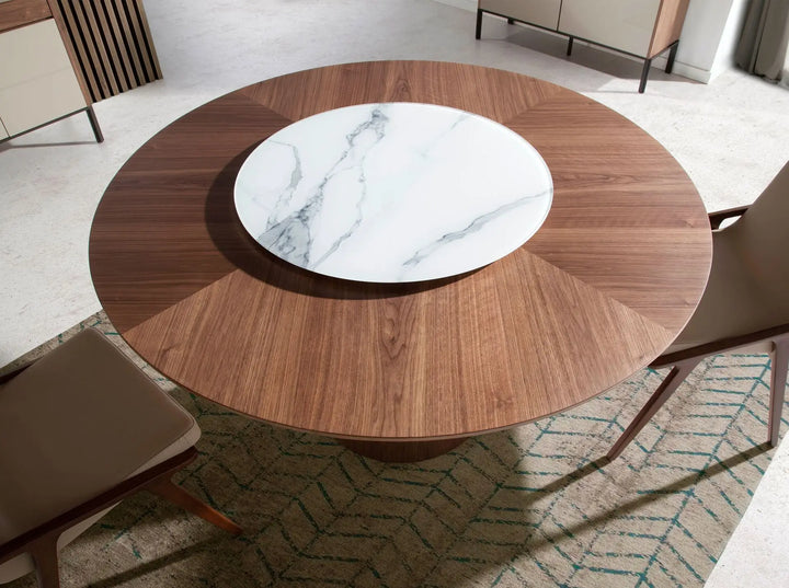 Round rotating walnut dining table