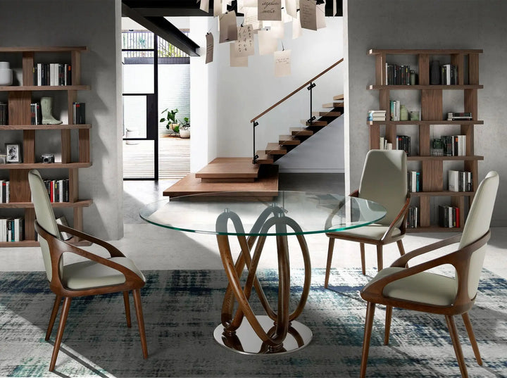 Mesa comedor redonda cristal templado y nogal