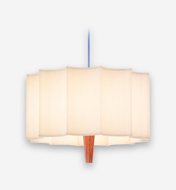 Rain Pendant Lamp - Chestnut wood frame, white shade and blue textile cable