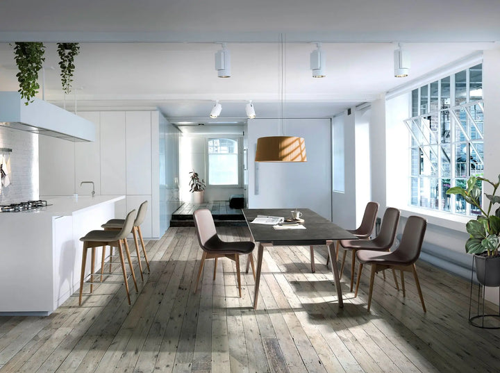 Rectangular extendable dining table in porcelain marble and walnut