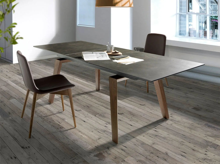 Mesa comedor extensible rectangular mármol porcelánico y nogal