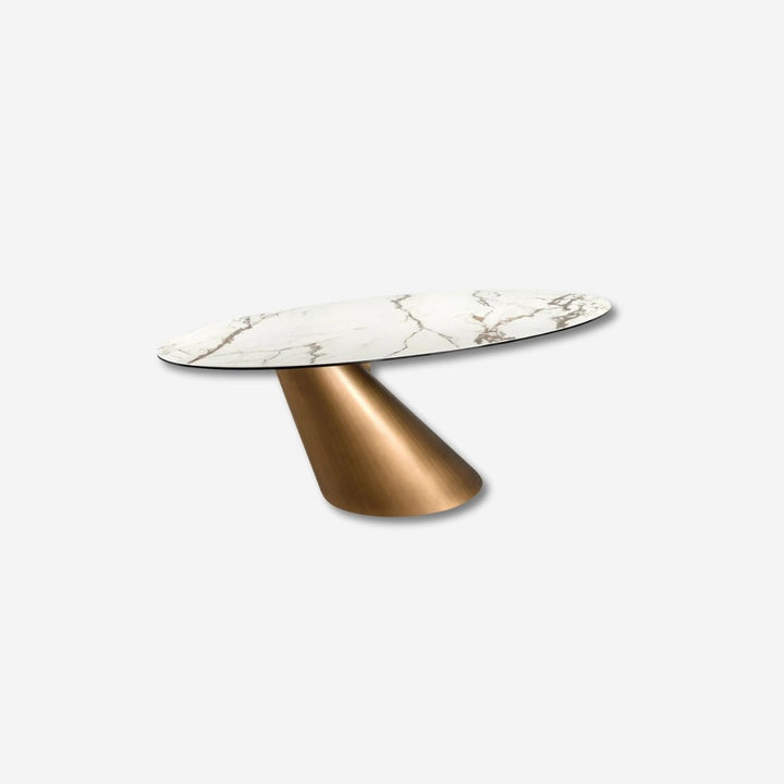 Mesa comedor ovalada mármol porcelánico y acero color bronce