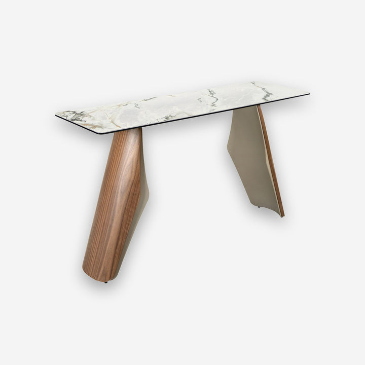 Consola rectangular mármol porcelánico, acero arena metalizado y nogal