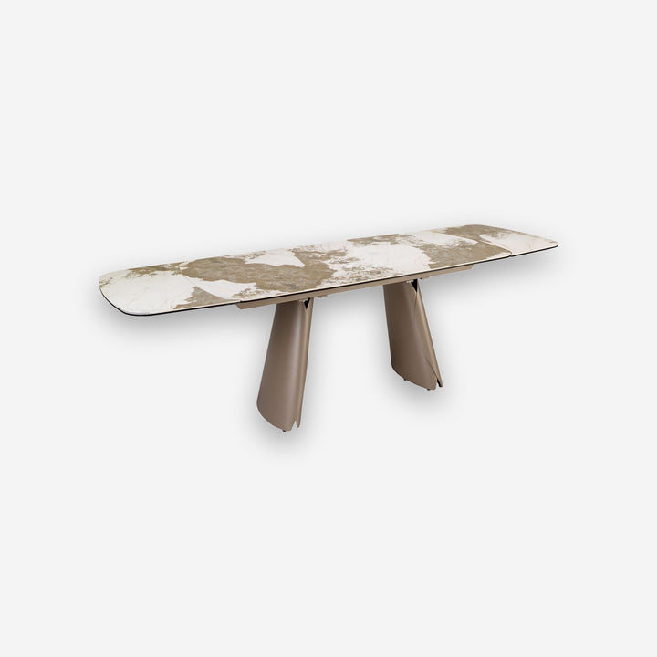 Mesa comedor extensible ovalada barril mármol porcelánico y acero taupé metalizado - Mesa de comedor - El Workshop-Ø180 x 90 x 76 Cm