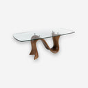 Mesa de comedor ovalada de cristal templado y nogal