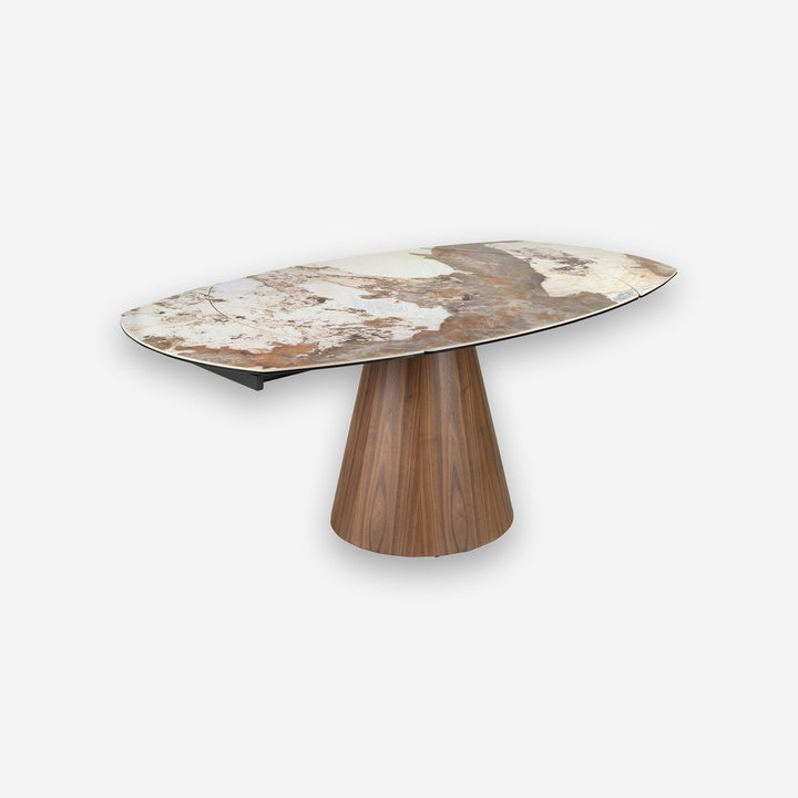 Mesa comedor extensible ovalada barril mármol porcelánico y nogal - Mesa de comedor - El Workshop-Ø130 x 120 x 76 Cm