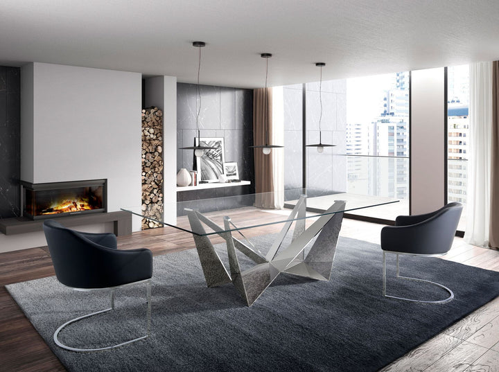 Mesa comedor rectangular cristal templado y acero cromado en ambiente decorado