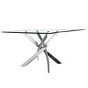 Mesa comedor rectangular de cristal templado con patas de acero en aspa acabado cromado, vista frontal