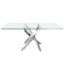 Mesa comedor rectangular de cristal templado con patas de acero en aspa acabado cromado, vista lateral
