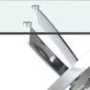 Mesa comedor rectangular de cristal templado con patas de acero en aspa acabado cromado, vista cenital