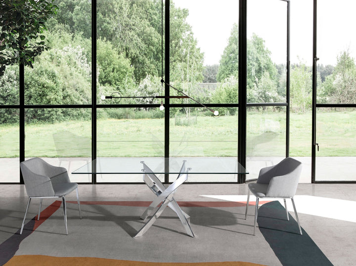 Mesa comedor rectangular cristal templado y acero cromado en ambiente decorado (2)