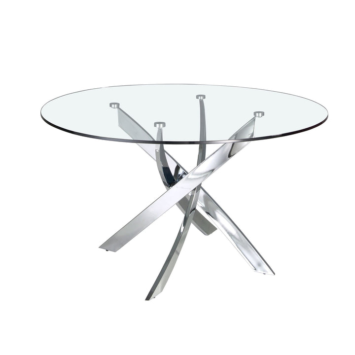 Mesa comedor redonda de cristal templado con patas de acero en aspa acabado cromado, sobre fondo gris de estudio