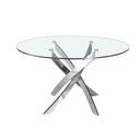 Mesa comedor redonda de cristal templado con patas de acero en aspa acabado cromado, vista frontal