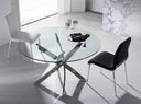 Mesa comedor redonda de cristal templado con patas de acero en aspa acabado cromado, vista en perspectiva