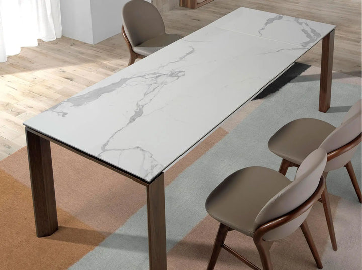 Rectangular extendable dining table in porcelain marble and walnut