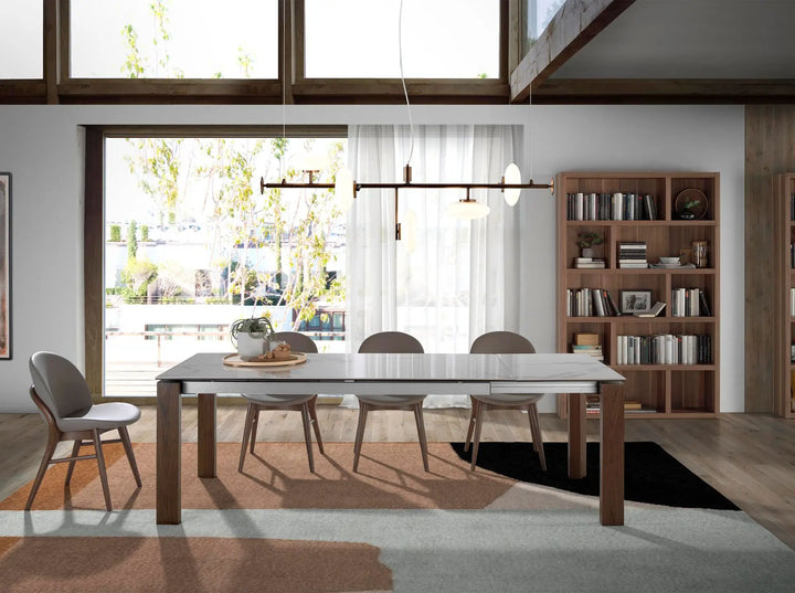 Mesa comedor extensible rectangular mármol porcelánico y nogal