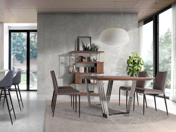 Oval dining table, barrel walnut and chrome-plated steel